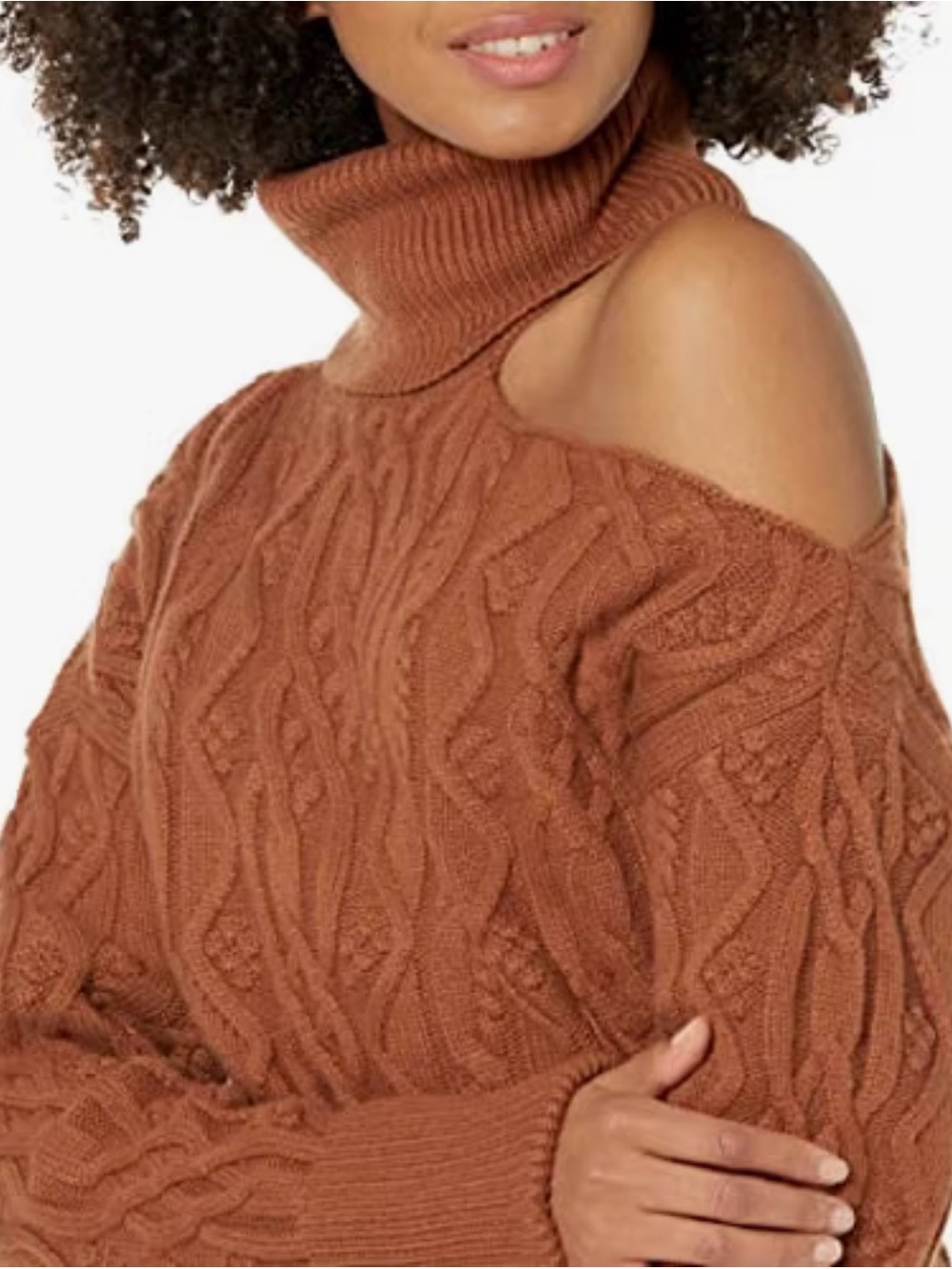 Paige Women’s Cropped Brown Cable Knit Turtleneck Shoulder Baring Sweater.
